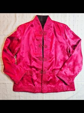 Vintage Reversible Satin Jacket With Mandarin Collar And Frog Clasps Medium